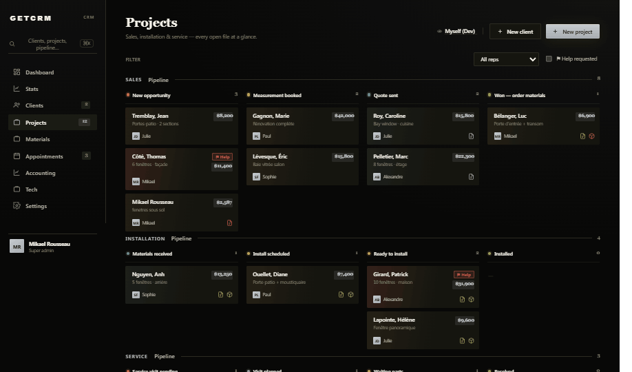 GETCRM pipeline board, dark theme