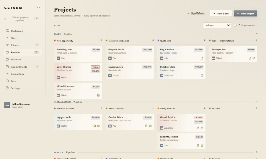 GETCRM pipeline board, light theme